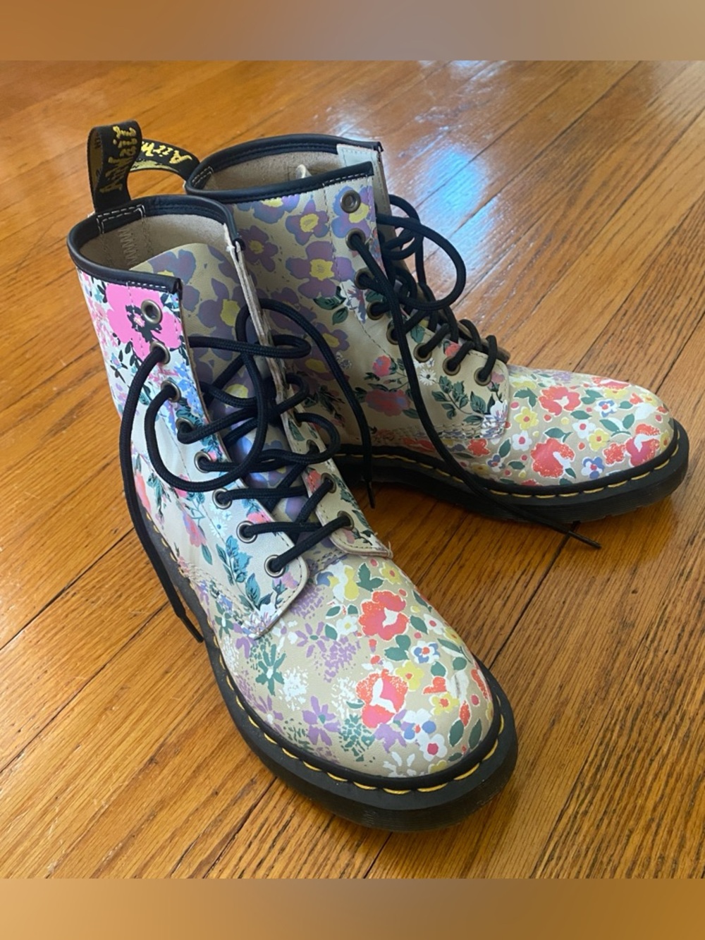 Doc Martens Pink Floral Leather Combat Boots